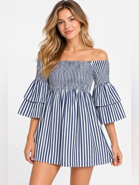 Style House Blue and white striped mini dress with puffy sleeve Size M